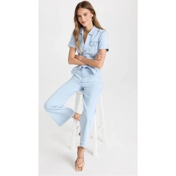 PAIGE ANESSA Short Sleeve Denim JUMPSUIT withBELT in “Kokomo” light wash